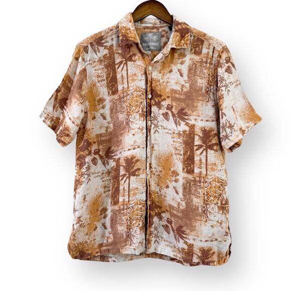Margaritaville Mens Silk Linen Hawaiian Shirt Size M Short Sleeve Tan Palm Trees - Picture 1 of 9